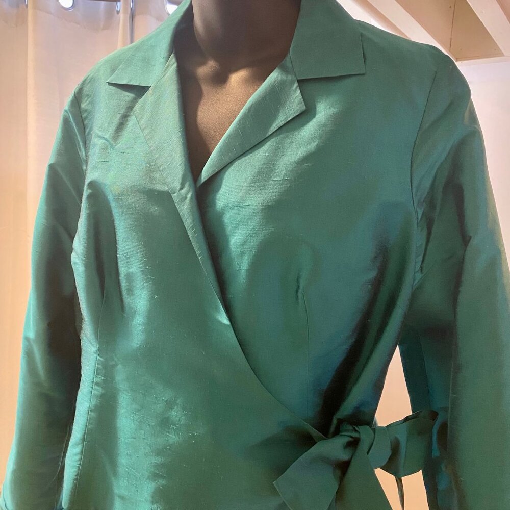 Teal Silk Blouse Side Cross Swag Tie  ~ Size 14